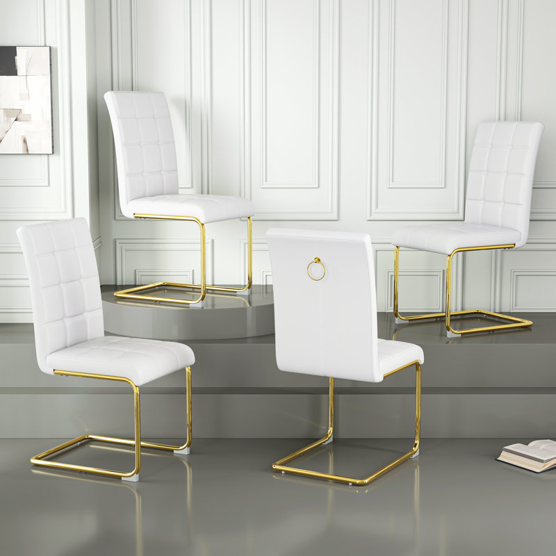 Chaises de salle à manger rembourrées modernes en similicuir (ensemble de 4), Doré, Blanc