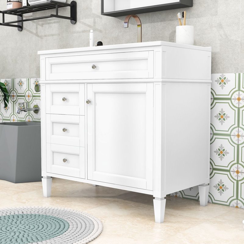 Meuble-lavabo simple en bois Ellarose avec lavabo en céramique et beaucoup de rangement, Blanc / Blanc