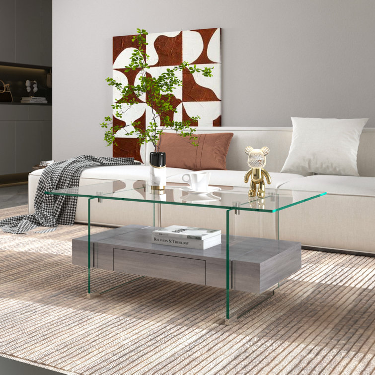 Amierah Glass Coffee Table with Storage Wood Drawer