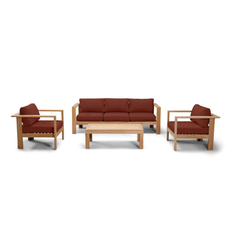 Ando 4 Piece Teak Sofa Seating Group with Sunbrella Cushions, 4 Pcs: Table, Sofa, 2 Chairs, Cast Silver Sunbrella®