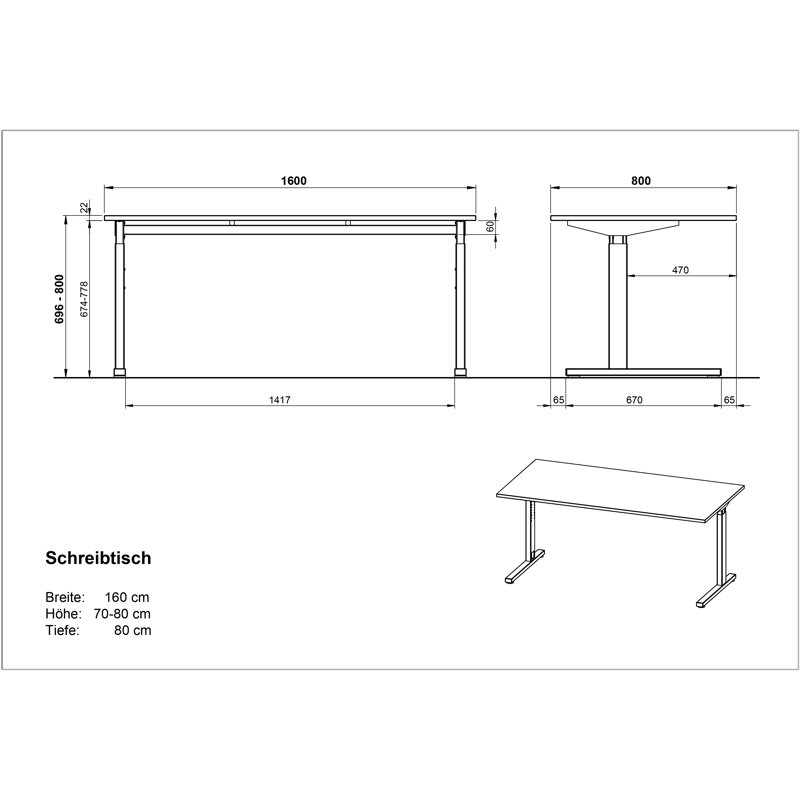 Alexeya Adjustable Metal Base Desk, 160 cm W x 80 cm D