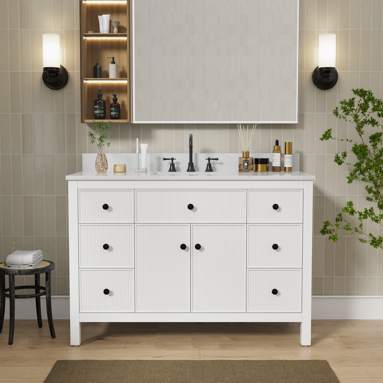 48" Fully Assembled Single Bathroom Vanity with Engineered Stone Top, Ceramic Sink, Hand Paint, White/Black