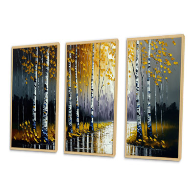 Monochromes de bouleaux dorés au bord de la rivière II - ensemble d'art mural sur toile paysage