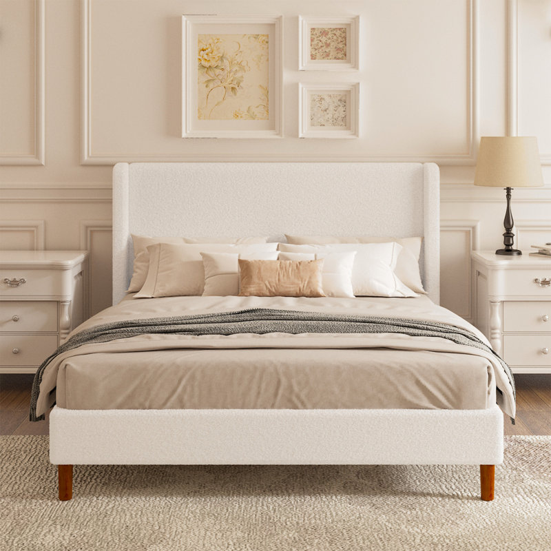 Full Bed Frame, Boucle Upholstered Platform Bed with Wingback Headboard, Strong Wooden Slats Support, Noise-Free Mattress Foundation, No Box Spring Needed, Easy Assembly, White