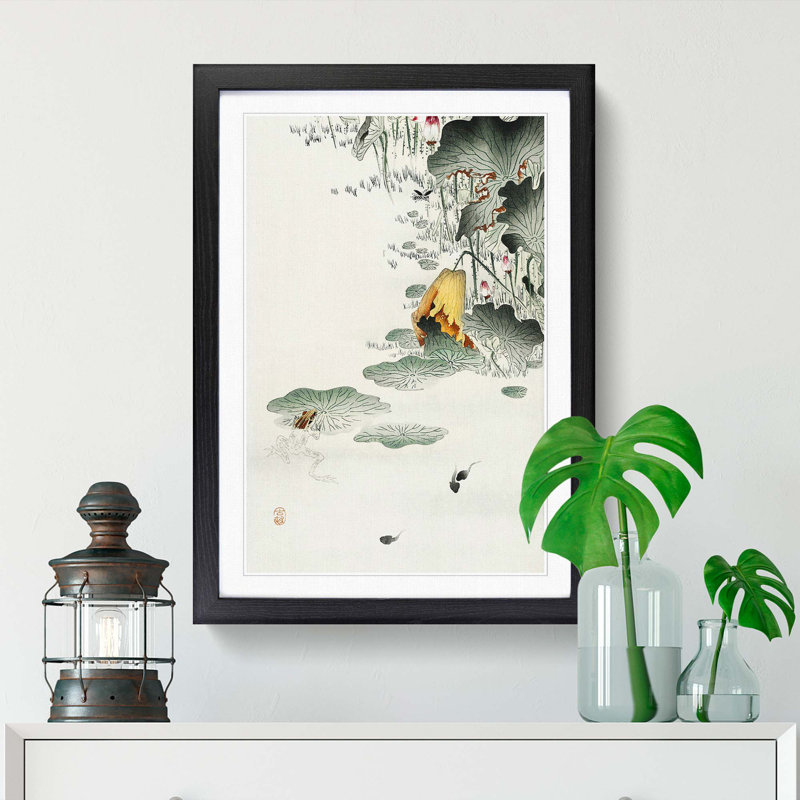 Frog and Tadpoles by Ohara Koson - Picture Frame Painting Print, Black Framed, 36cm H x 27cm W x 2cm D