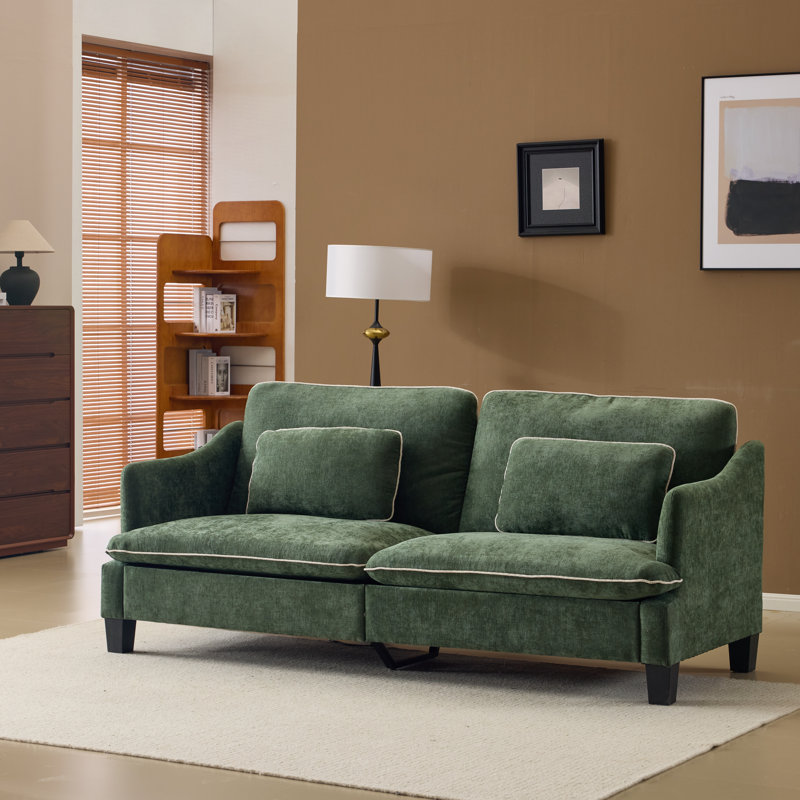  83.86"W Linen Blend Piped T-Cushions 2-Seat Loveseat Sofa, Green