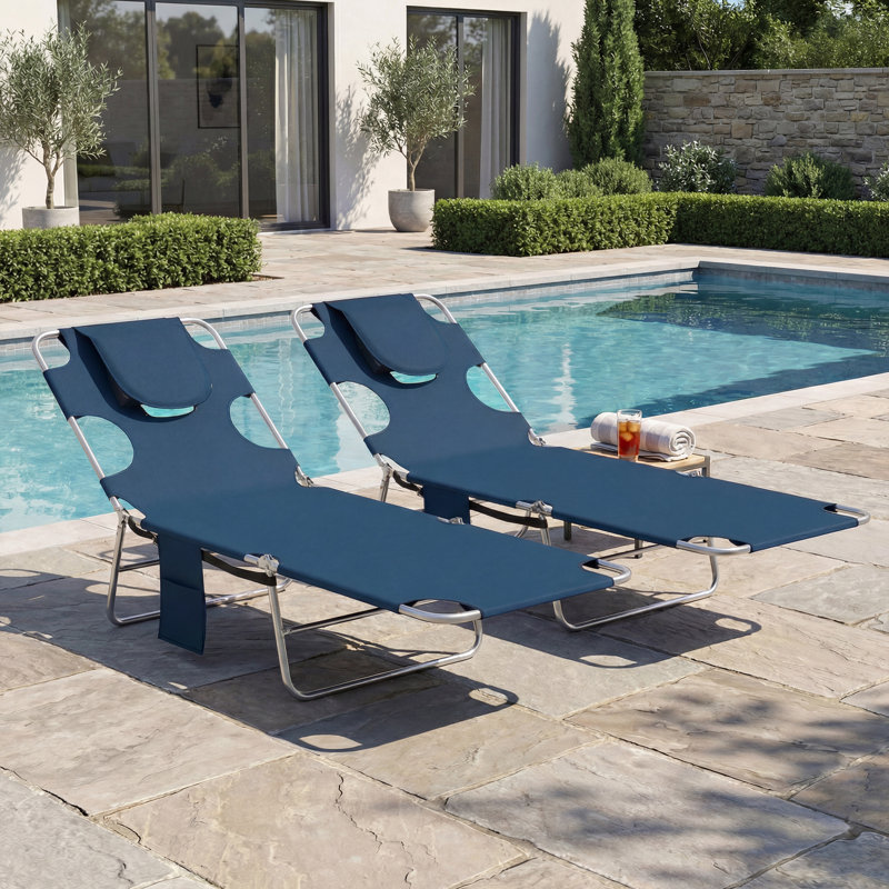 Chaise Lounge Chair Outdoor Set of 2 with Face Arm Hole, 5-Position Reclining Face Down Tanning Chair with Carry Strap, Side Pocket, Portable Folding Bed Cot for Patio Beach Pool, Dark Blue