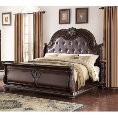 1Pc Traditional Style Faux Leather Upholstered Headboard Button Tufted Formal Bedroom Furniture Formal King Sleigh Bed