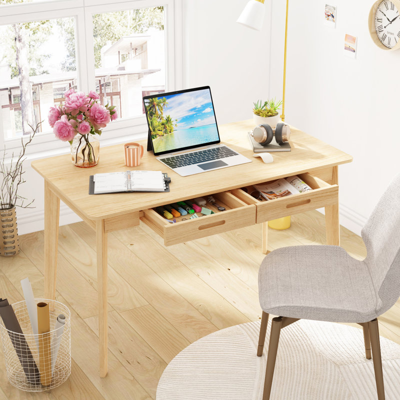 Bureau d'écriture 2 tiroirs avec pieds en bois massif Caidence, H 29,53 po x l 47,2 po x P 21,7 po, Bois loupé / bois loupé