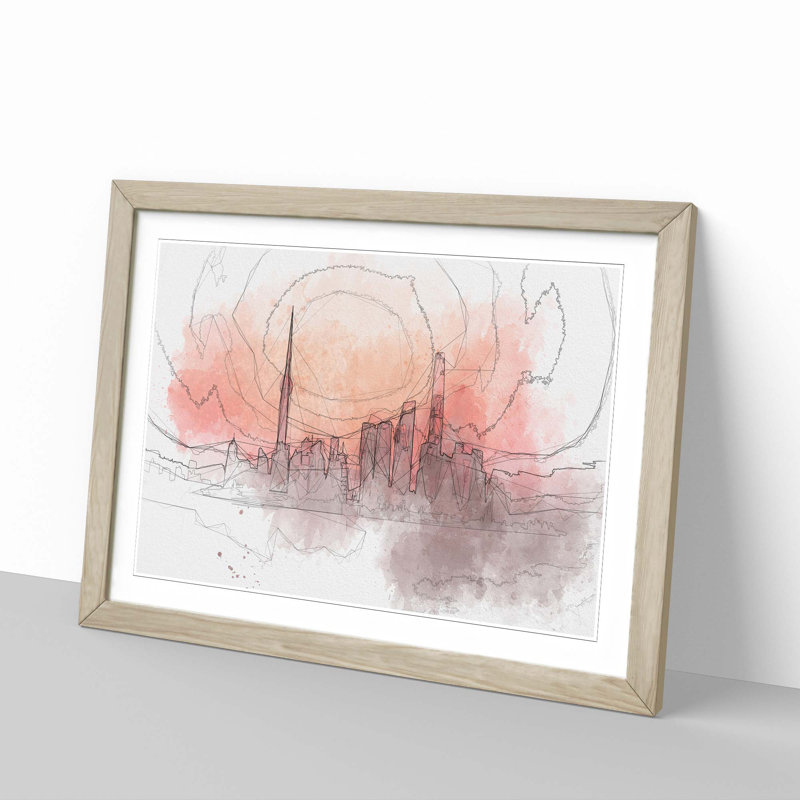 The Shanghai China Skyline in Abstract - Picture Frame Graphic Art Print, 60cm H x 91cm W x 2cm D, Oak