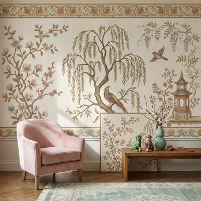 Papier peint vert discret Sage Chinoiserie
