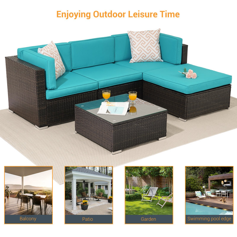 Ensemble de conversation modulaire en rotin PE pour 4 personnes avec coussins Anjelita, Lac bleu