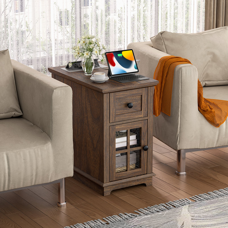 Dark Walnut Rectangular End Table Set with Storage and Charging Station