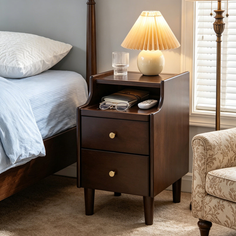 Solid Wood Nightstand with 2 Drawers Open Shelf and Pull-Out Tray
