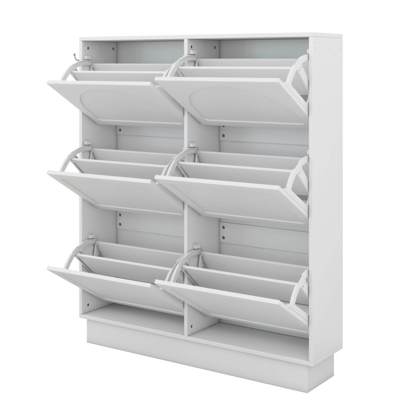 Modern Narrow Shoe Cabinet With 6 Flip-Down Drawers, Space-Saving Entryway Organizer, Adjustable Shelf, 3 Hooks, White