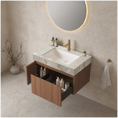Meuble-lavabo de salle de bain 30 po Muri, meuble de rangement flottant en contreplaqué avec tiroir et porte, plateau en pierre frittée gris clair et lavabo en céramique avec 1 trou de robinet pré-percé, pré-assemblé, grain de bois de chêne brun