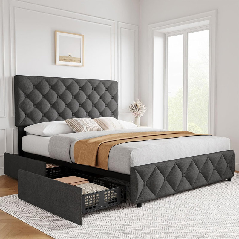 Structure de lit avec 4 tiroirs de rangement, structure de lit tapissier en lin avec tête et pied de lit, Full, Gris