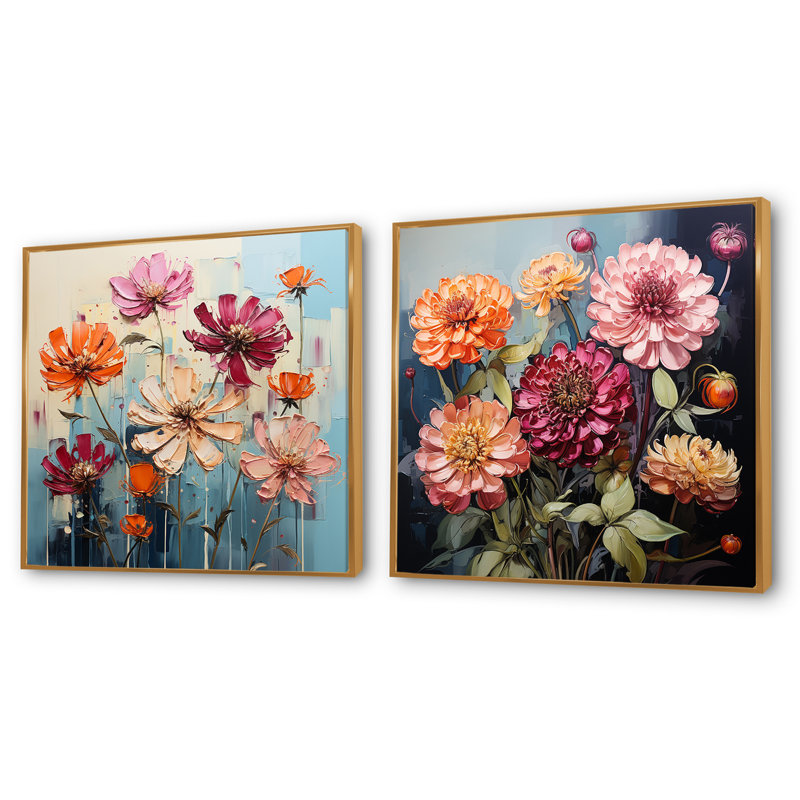 «Binn Zinnias Flowers», 2 pièces, Cadre flottant doré, H 16 po x l 33 po
