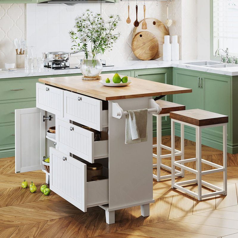 Ensemble d'îlot de cuisine avec abattant et 2 sièges, ensemble de table de salle à manger avec rangement, Blanc