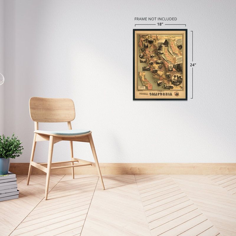 1888 California Map, affiche sur papier, H 24 po x l 18 po x P 0,01 po