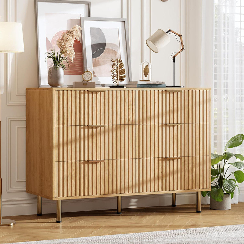 Commode cannelée à 6 tiroirs avec pieds dorés, commode de rangement moderne pour chambre à coucher et salon