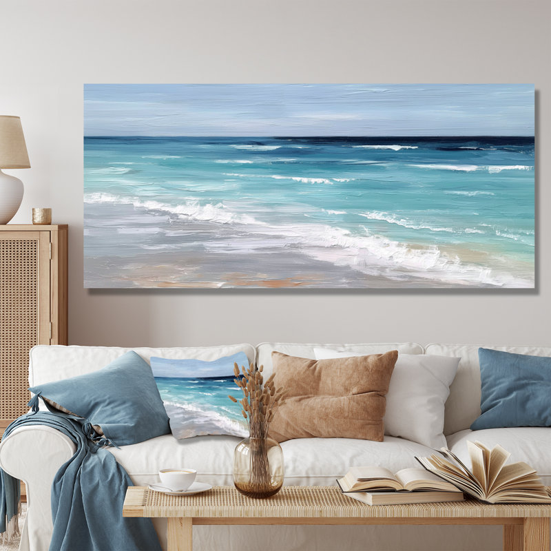 «Blue and White Coastal Beach Wonder», reproduction d'art sur toile, bord de mer blanc, H 28 po x l 60 po, Toile tendue