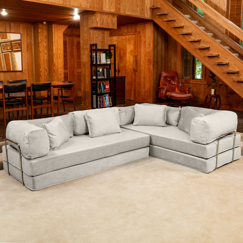  Canapé-lit modulaire convertible en forme de L avec canapé-lit en mousse viscoélastique pliable unsuf, Velours ivoire