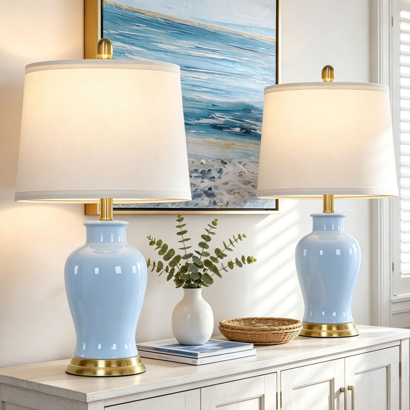 Lampes de table en pot 23 po en céramique avec abat-jour en tissu blanc et ampoules DEL 23 po, Bleu / doré