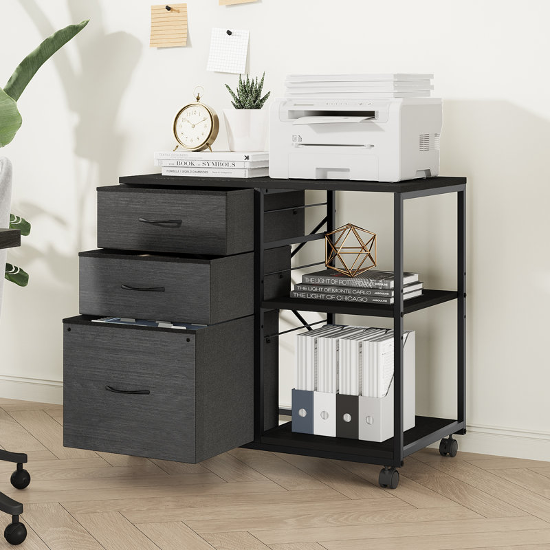 28.35 Inch Embossed Metal Framed Wooden File Cabinet With 3 Tall Drawers Shelf And Wheels, Black