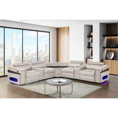 Canapé modulaire moderne en forme de L gris avec 2 consoles de lecture + réfrigérateur, coin, bar à DEL, 4 sièges, siège mi-ferme, robuste, accoudoirs carrés, revêtement en similicuir, structure en bois, recharge sans fil,
