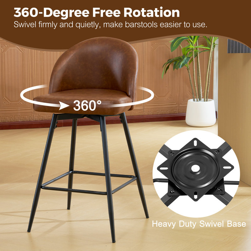 Swivel Bar Stools Set Of 3, Counter Height Bar Stools With Back & Metal Legs-Brown, Brown/Faux Leather