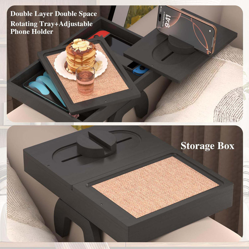 Bamboo Couch Armrest Table With Couch Cup Rest,Non-Slip Armrest Tray Table For Couch,Adjustable Sofa Table With Rotating Phone Holder,Perfect For Living Room And Dining,Black