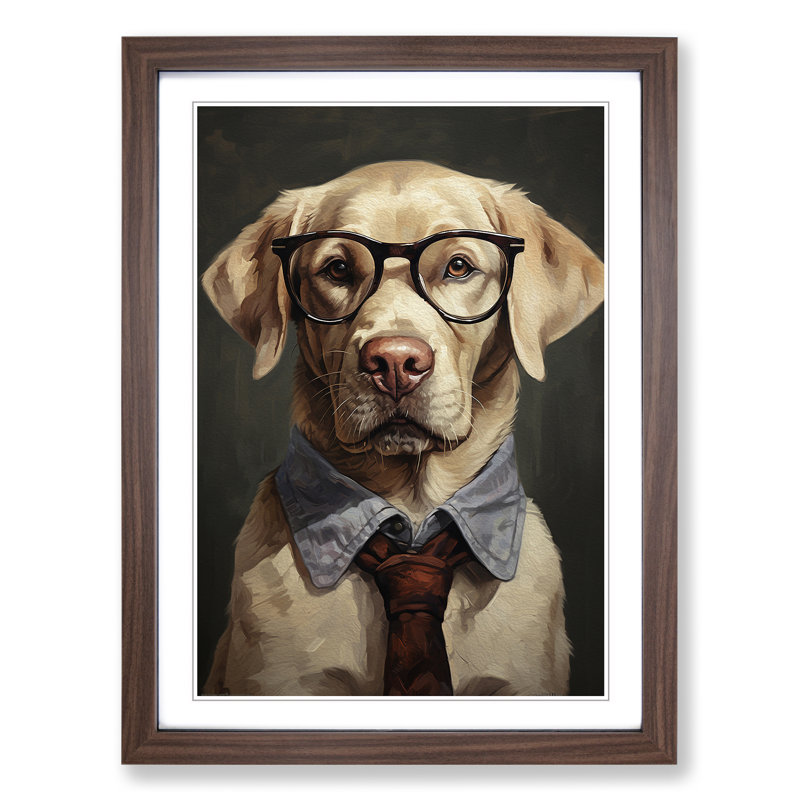 Labrador Retriever With Glasses Painting - Single Picture Frame Print on Wood, 34cm H x 25cm W x 2cm D, Walnut Framed