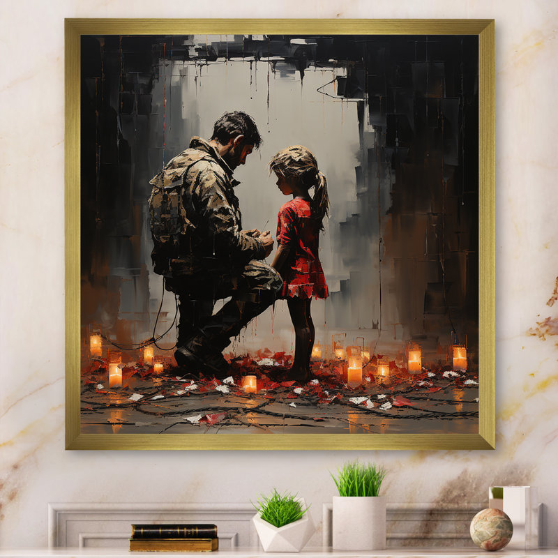 Reproduction d'art sur toile, "Père et fille", Cadre photo doré simple, H 36 po x l 36 po x P 1,5 po