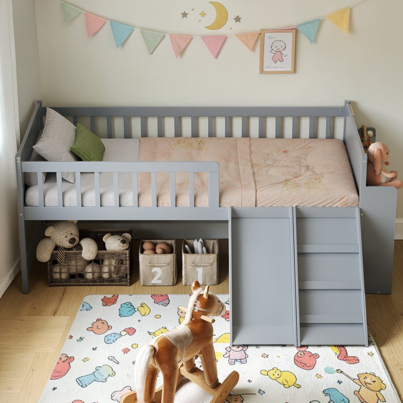 Twin Size Low Loft Bed With Slide, Staircase & Built-In Storage Shelves, Gray