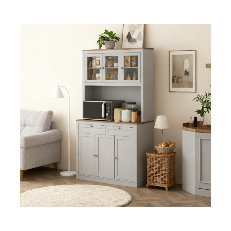 Kitchen Pantry Cabinet With Microwave Stand, Hutch, Drawers, And Adjustable Shelves | Gift Idea, Grey