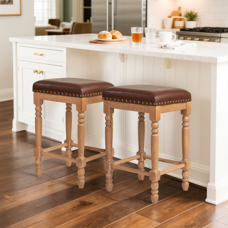 Tabourets de bar à hauteur de comptoir, tabourets de comptoir de cuisine sans dossier, rembourrés de style Mid-Century avec structure en bois massif et cuir ciré à l'huile pour la salle à manger de l'îlot de cuisine