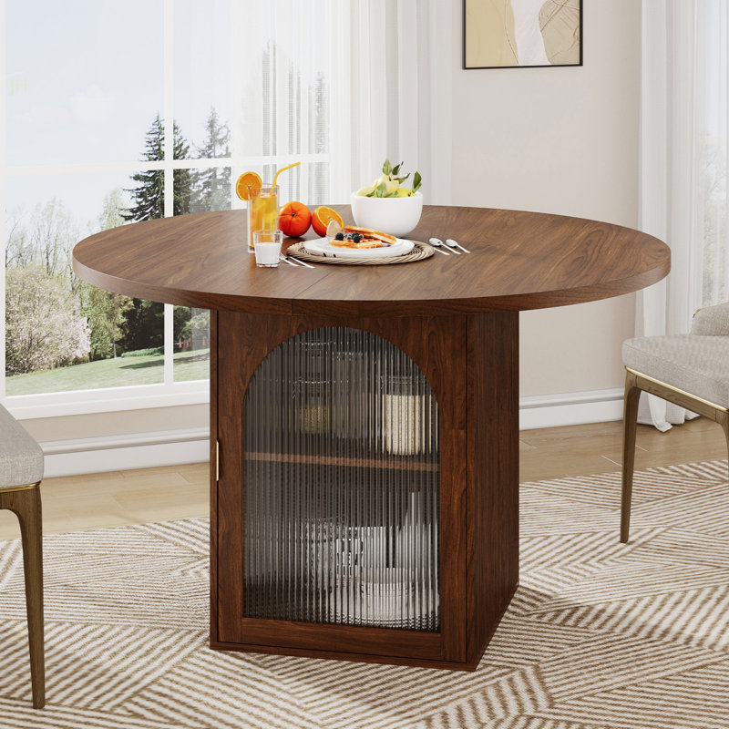 47 Inch Round Dining Table With Storage Cabinet, Modern Pedestal Base, Ribbed Glass Doors, Seats 4 To 6, Space Saving For Apartment Or Small Space, Walnut