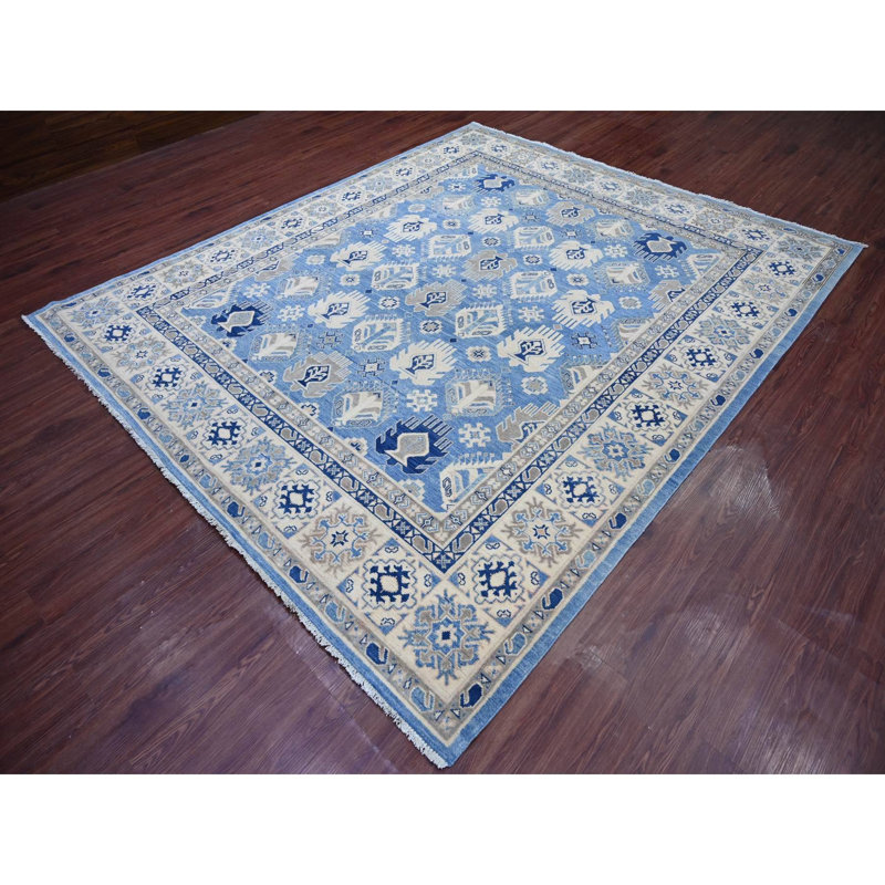 Tapis oriental noué à la main 8 pi 2 po x 9 pi 8 po, style kazak, 100% laine, teinture naturelle, style oriental, 8 pi 2 po x 9 pi 8 po