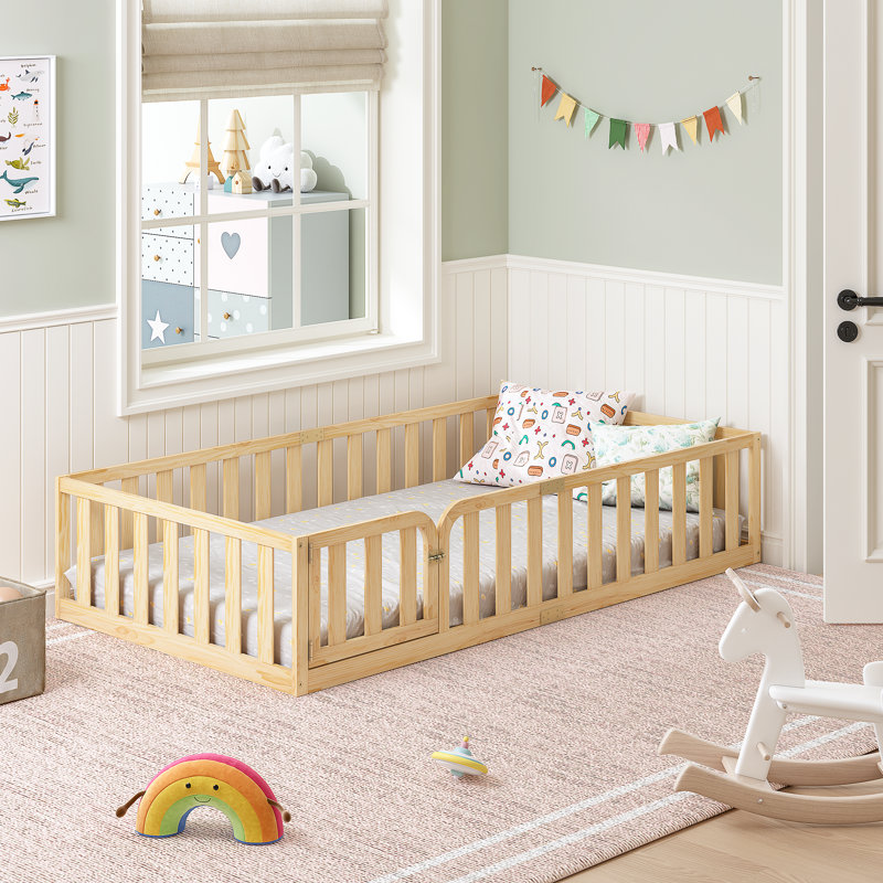 77"L X 40.9"W X 16.1"H Twin Size Kids Floor Bed Frame With Fence And Door Natural
