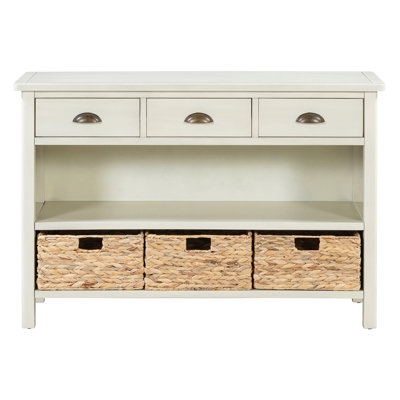 Retro Console Table With 3 Storage Drawers, Entryway Table With 3 Water Hyacinth Woven Baskets,Wooden Accent Sofa Table Buffet Cabinet For Entryway, H