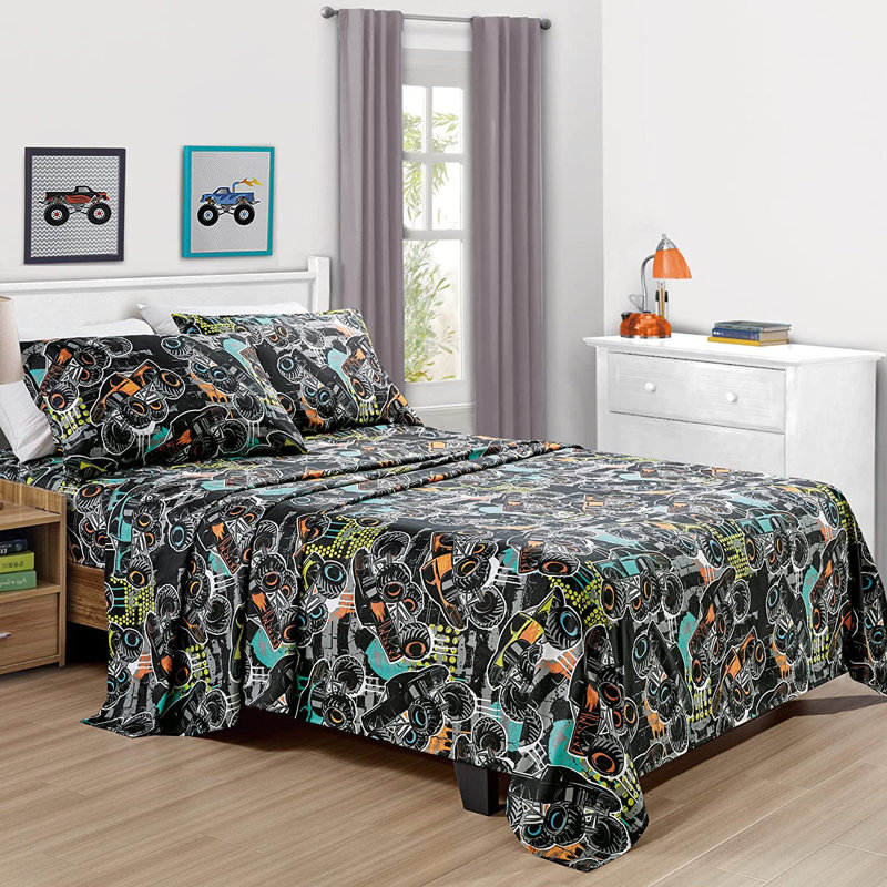 Fun Kids Teens Microfiber Sheet Set, Full Sheet Set with 2 Pillowcases, Blue/Green Monster Trucks