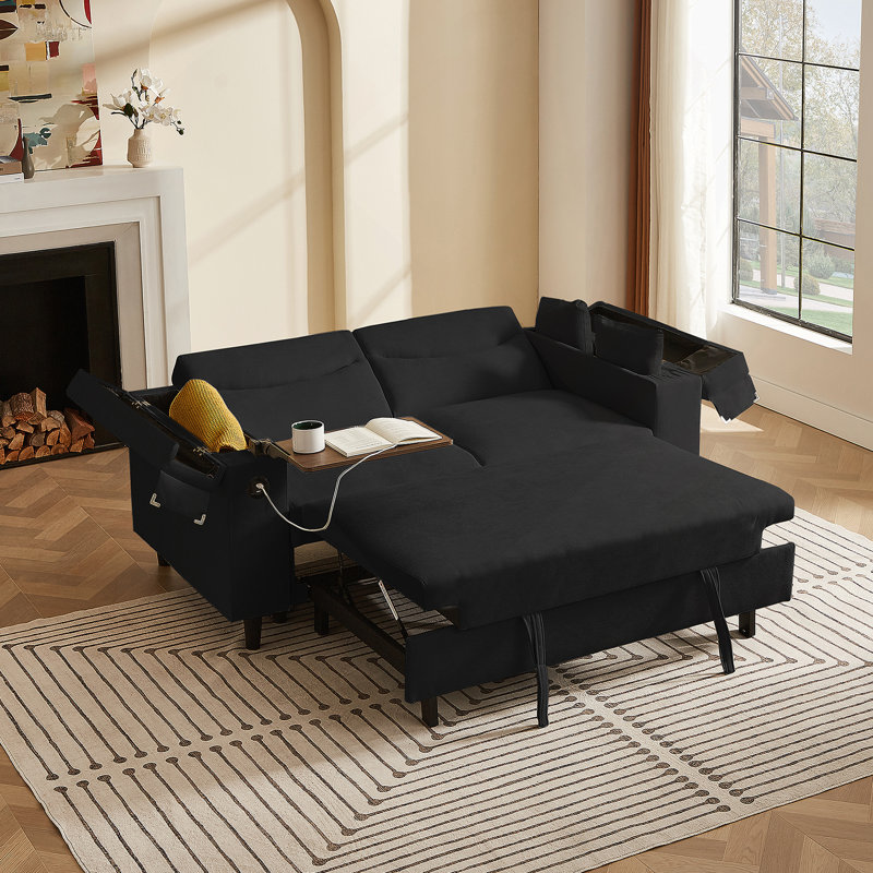 Canapé-lit convertible en chenille noir avec table d'appoint et port USB, parfait pour la vie moderne et les chambres d'amis.