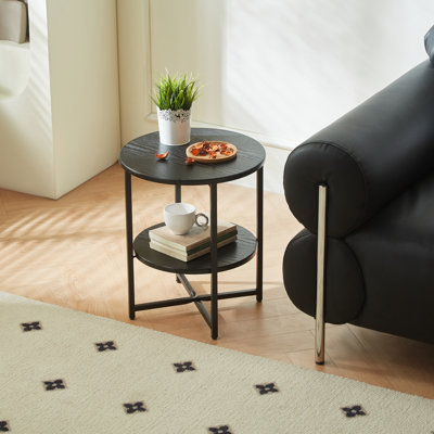 Petite petite table d'appoint ronde, table de bout de ferme à 2 niveaux, tables d'appoint pour petits espaces, tables de chevet pour le salon, tables basses avec tablette de rangement, noir