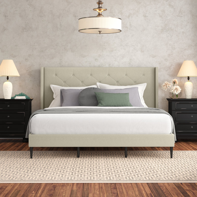 Amiliya Upholstered Wingback Bed, California King, Beige