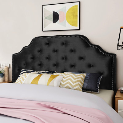 Tête de lit grand et grand lit - Revêtement en velours avec coutures en losange et têtes de clou charmantes, assemblage requis, détails élégants de style moderne noir