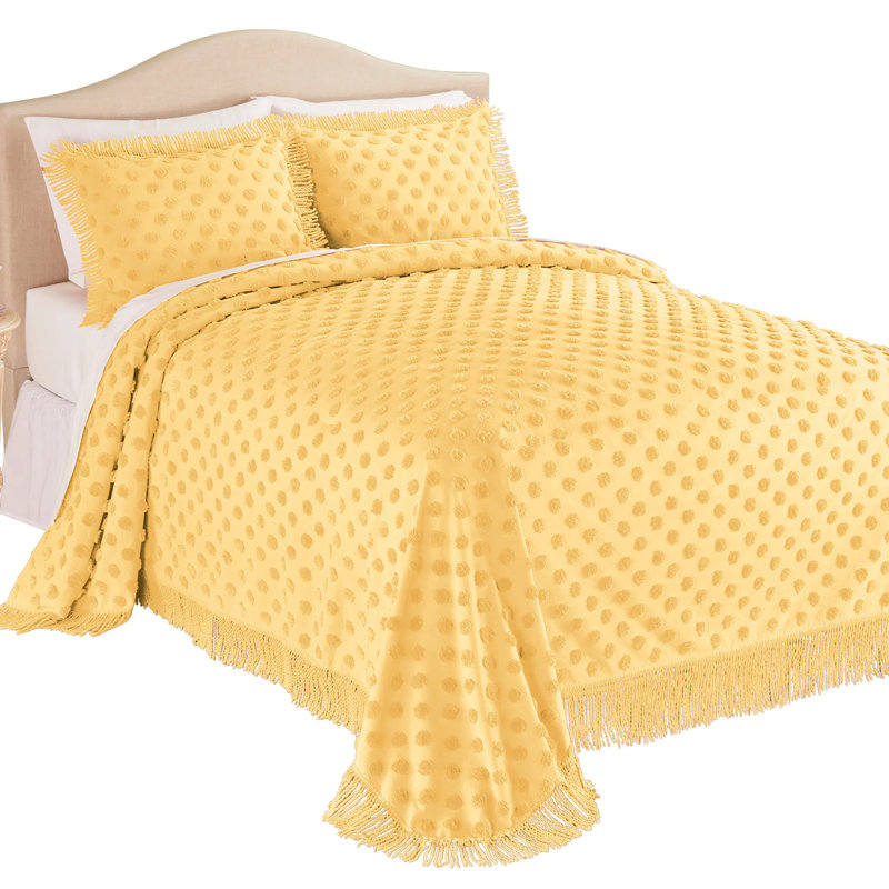 Polka Dot Design Plush Fringe Border Bedspread, Full Bedspread, Peacock Blue