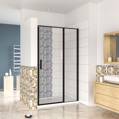 900X1850mm BLACK Frame Pivot Shower Door With 1400X900mm Shower Tray Waste