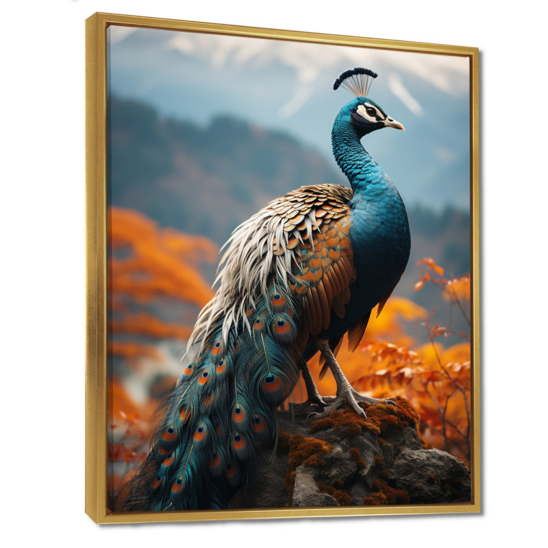 Gracieux paon dans un paysage d'automne I - paon, art mural, salon, Toile avec cadre flottant or