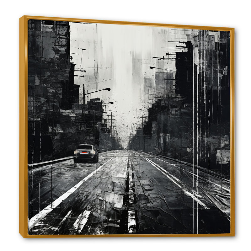 «Cityscape Road Expression I» sur fond noir et blanc, Cadre flottant doré, H 16 po x l 16 po x P 1 po